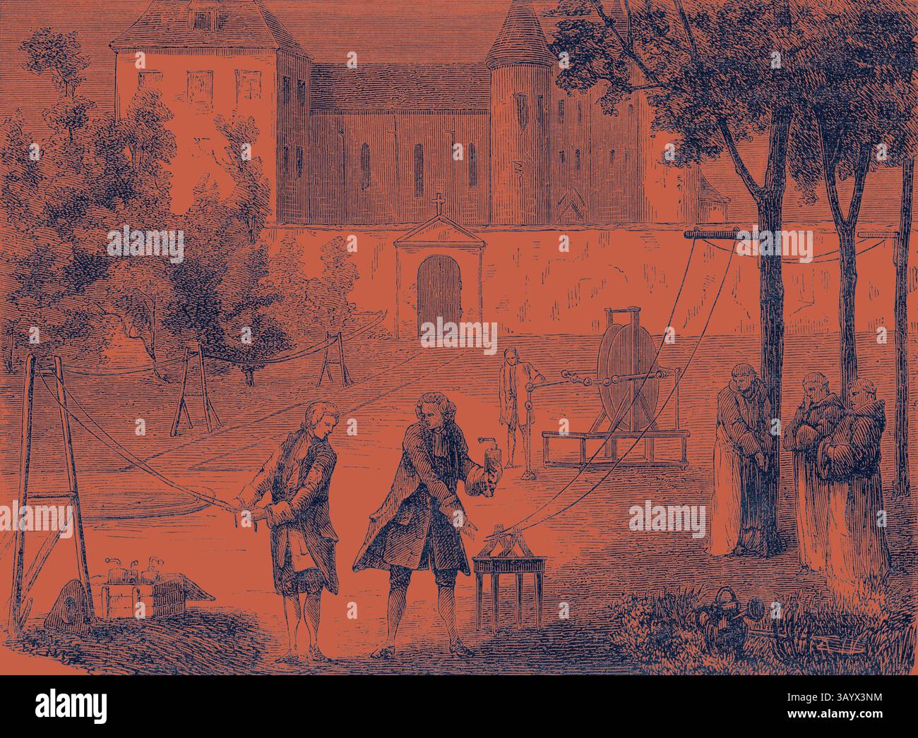 Una scena storica raffigurante figure impegnate in esperimenti scientifici all'aperto, con un grande edificio sullo sfondo e alberi che incorniciano l'ambientazione. Una figura sembra dimostrare un processo che coinvolge le attrezzature, mentre altri osservano o assistono, mettendo in evidenza lo spirito di ricerca e scoperta in un'epoca passata. Esperimento condotto nel 1746 da Lemonnier nel Monastry di Chartreux per misurare la velocità dell'elettricità arte classica con un tocco moderno reinventato da Artotop Foto Stock