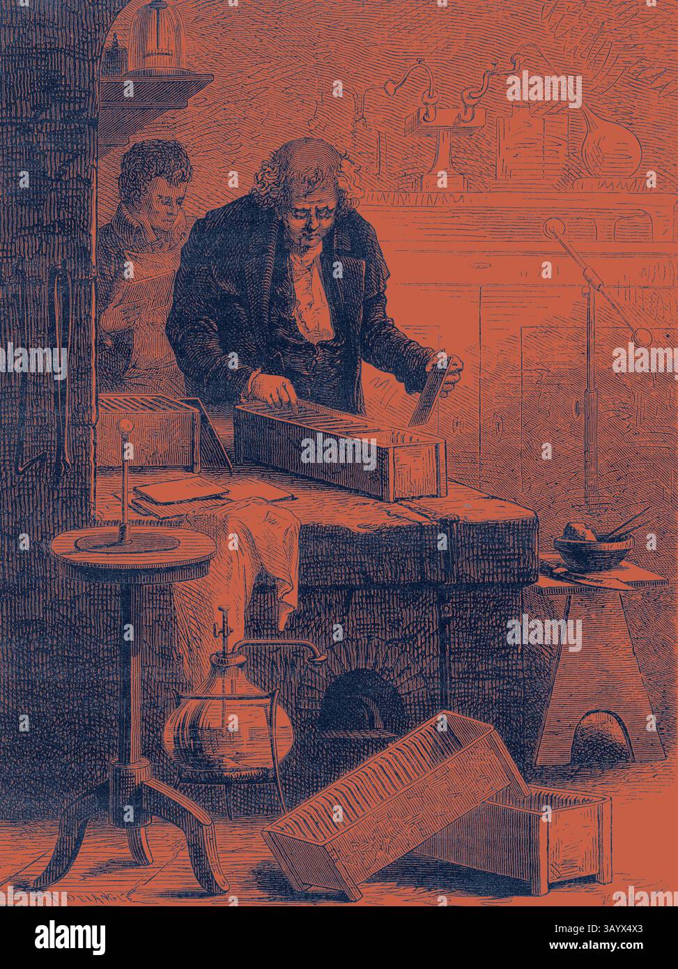 Una scena storica con due figure impegnate nella sperimentazione scientifica, circondate da varie attrezzature e strumenti di laboratorio, con un individuo che lavora intensamente su un dispositivo rettangolare mentre l'altro osserva. L'ambientazione suggerisce un'esplorazione vivace delle prime scoperte scientifiche. Cruikshank costruisce la batteria con canali artistici classici con un tocco moderno reinventato da Artotop Foto Stock