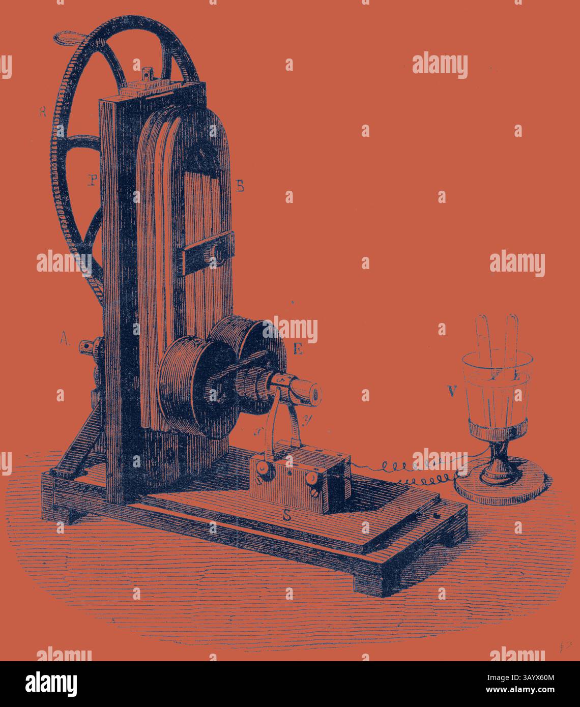 Un primo apparato scientifico progettato per dimostrare i principi elettrostatici, caratterizzato da una grande ruota, un cilindro centrale e componenti in vetro di accompagnamento per la generazione e lo stoccaggio di elettricità. Clarke's Machine Classic art con un tocco moderno reinventato da Artotop Foto Stock