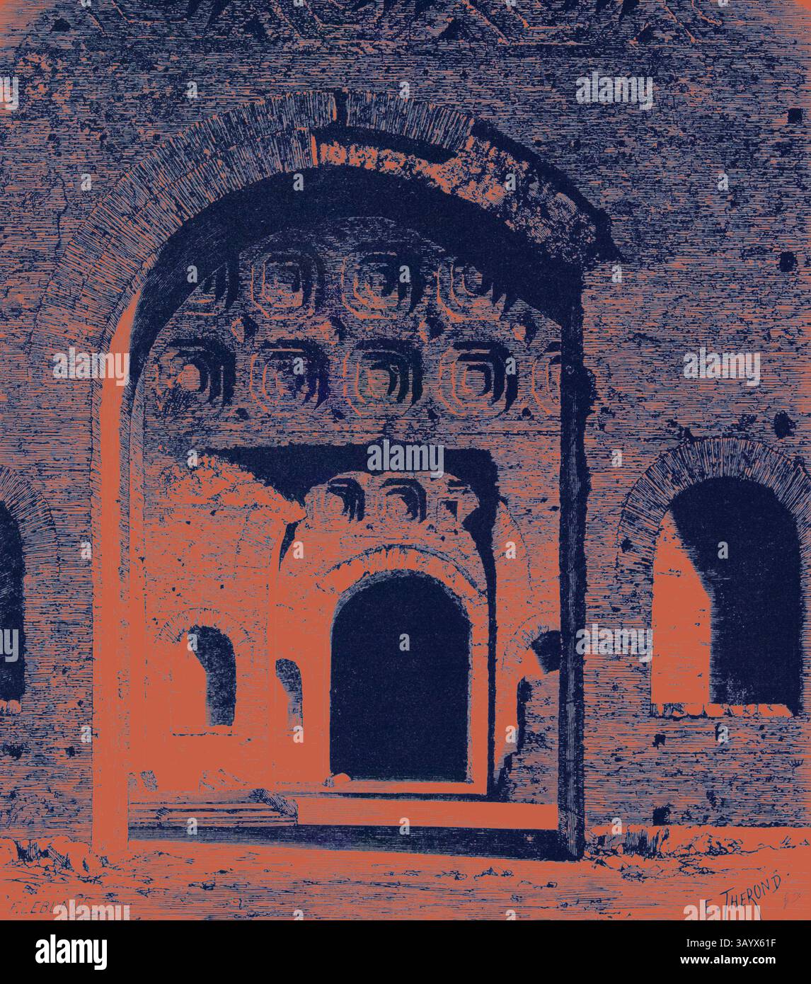 Una serie di arcate rivela trame e motivi intricati, che conducono a uno spazio misterioso e cavernoso. Il gioco di luci e ombre accentua l'architettura storica, invitando a esplorare le profondità e gli angoli nascosti. Roma Italia 1875 interno della Basilica di Costantino. Arte classica con un tocco moderno reinventata da Artotop Foto Stock