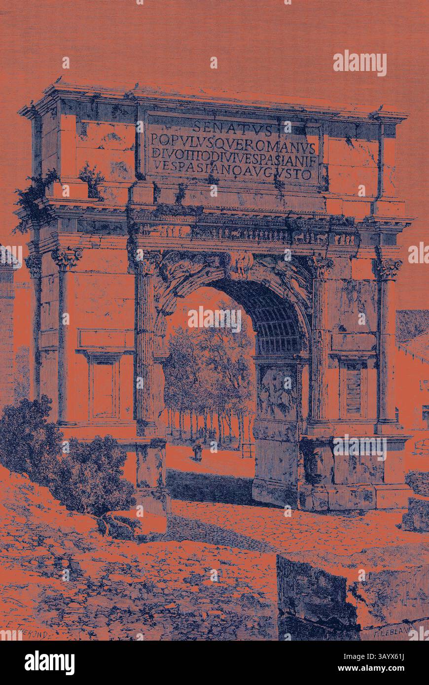 Un arcata intricatamente dettagliata con caratteristiche architettoniche classiche, adornata da iscrizioni che suggeriscono il suo significato storico, sorge in mezzo a un paesaggio roccioso, suggerendo un ingresso un tempo grande che ha superato il tempo. Roma Italia 1875 Arco di Tito Arte classica con un tocco moderno reinventato da Artotop Foto Stock