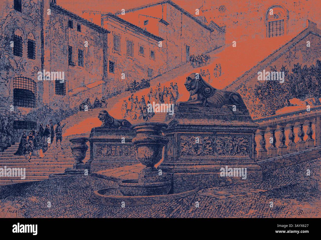 Un'antica scena di strada presenta grandi leoni di pietra a guardia di una fontana ornata, con figure affollate che salgono una scalinata sullo sfondo. L'affascinante architettura fiancheggia la scena, evocando un senso di storia e una vivace vita urbana. Roma Italia 1875 la Scala Cceli i grandi gradini di Santa Maria del Campidoglio Arte classica con un tocco moderno reinventato da Artotop Foto Stock
