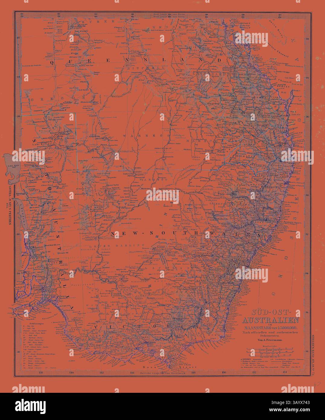 Una mappa dettagliata che mostra la regione sud-orientale dell'Australia, con confini geografici, città e vari luoghi di interesse, il tutto ambientato su un vibrante sfondo arancione. Australia Mappa Gotha Justus Perthes 1872 Atlas. Perthes Johan Georg Justus 1749 1816 editore tedesco nacque a Rudolstadt nel 1749. Nel 1785 fondò a Gotha the Business che Bears His Name Justus Perthes. In questo fu raggiunto nel 1814 da suo figlio Guglielmo 1793 1853. Ha fondato la Fondazione del ramo geografico dell'azienda per la quale è principalmente famosa pubblicando l'and-Atlas (1817-1823) di Adolf Stieler Foto Stock