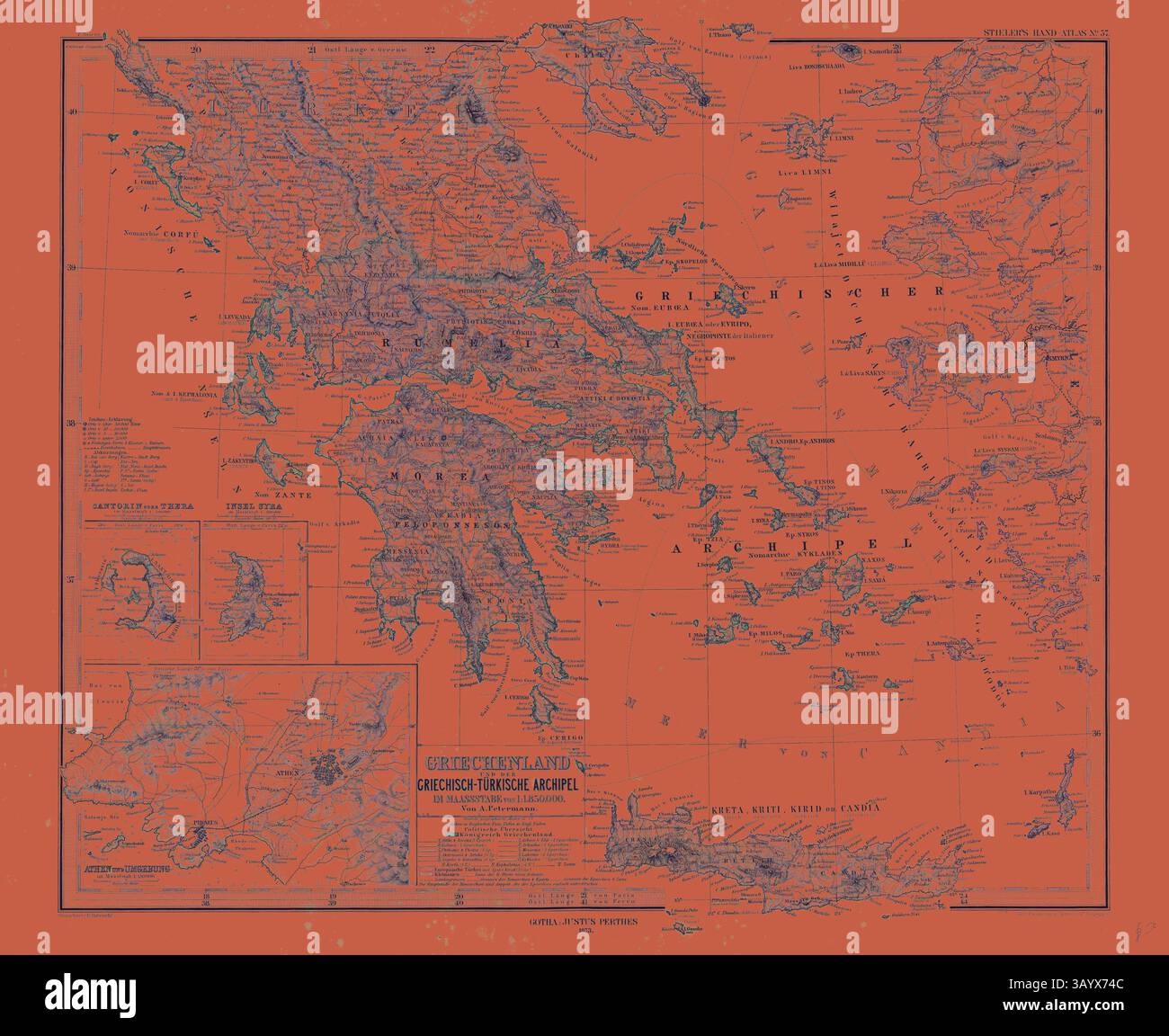 Una mappa dettagliata della Grecia, con varie regioni, isole e punti di riferimento geografici, tutti presentati su un impressionante sfondo arancione. La mappa include dettagli di navigazione e annotazioni in tedesco, evidenziando percorsi e luoghi storici. Grecia Mappa 1873 Gotha Justus Perthes 1872 Atlas. Perthes Johan Georg Justus 1749 1816 editore tedesco nacque a Rudolstadt nel 1749. Nel 1785 fondò a Gotha the Business che Bears His Name Justus Perthes. In questo fu raggiunto nel 1814 da suo figlio Guglielmo 1793 1853. Ha creato la Fondazione del ramo geografico dell'azienda per Foto Stock