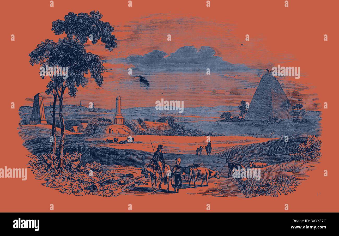 Un tranquillo paesaggio presenta un gruppo di viaggiatori con bestiame tra colline ondulate, antichi monumenti e una piramide lontana, il tutto adagiato contro un cielo spettacolare. The Field of Waterloo Classic art con un tocco moderno reinventato da Artotop Foto Stock