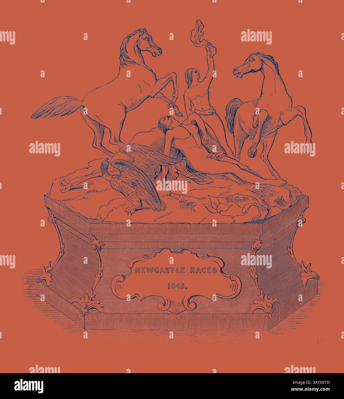 Una scultura dinamica raffigurante cavalli allevati e una figura trionfale che regge una bandiera, situata in cima a un piedistallo contrassegnato con l'iscrizione "Newcastle Races, 1846", cattura un senso di movimento e celebrazione. Un'aquila si appoggia alla base, aggiungendo un livello di simbolismo alla scena. Il Newcastle Race Plate (Mazeppa.) Arte classica con un tocco moderno reinventata da Artotop Foto Stock