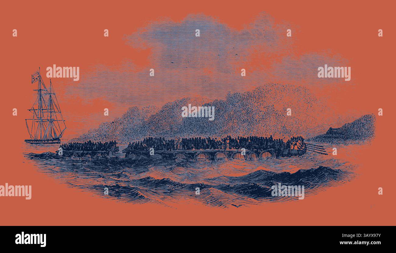 Una grande folla su una barca naviga nelle acque tumultuose, mentre una nave naviga nelle vicinanze sotto un cielo nuvoloso, evocando un senso di avventura e un viaggio storico. Cattura una nave schiava, al largo del fiume Congo, arte classica con un tocco moderno reinventata da Artotop Foto Stock