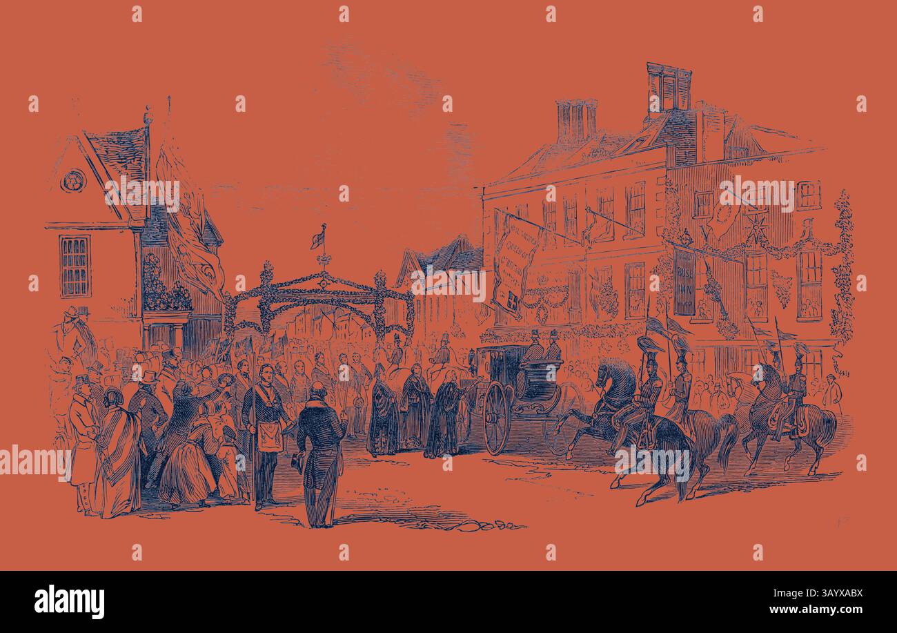 Una scena storica mostra un vivace raduno con individui elegantemente vestiti, una carrozza trainata da cavalli e una processione vicino a un ingresso ornato, che riflette un momento di celebrazione o un evento significativo in un'epoca passata. Presentazione del discorso a sua Maestà, a Wokingham. Arte classica con un tocco moderno reinventata da Artotop Foto Stock