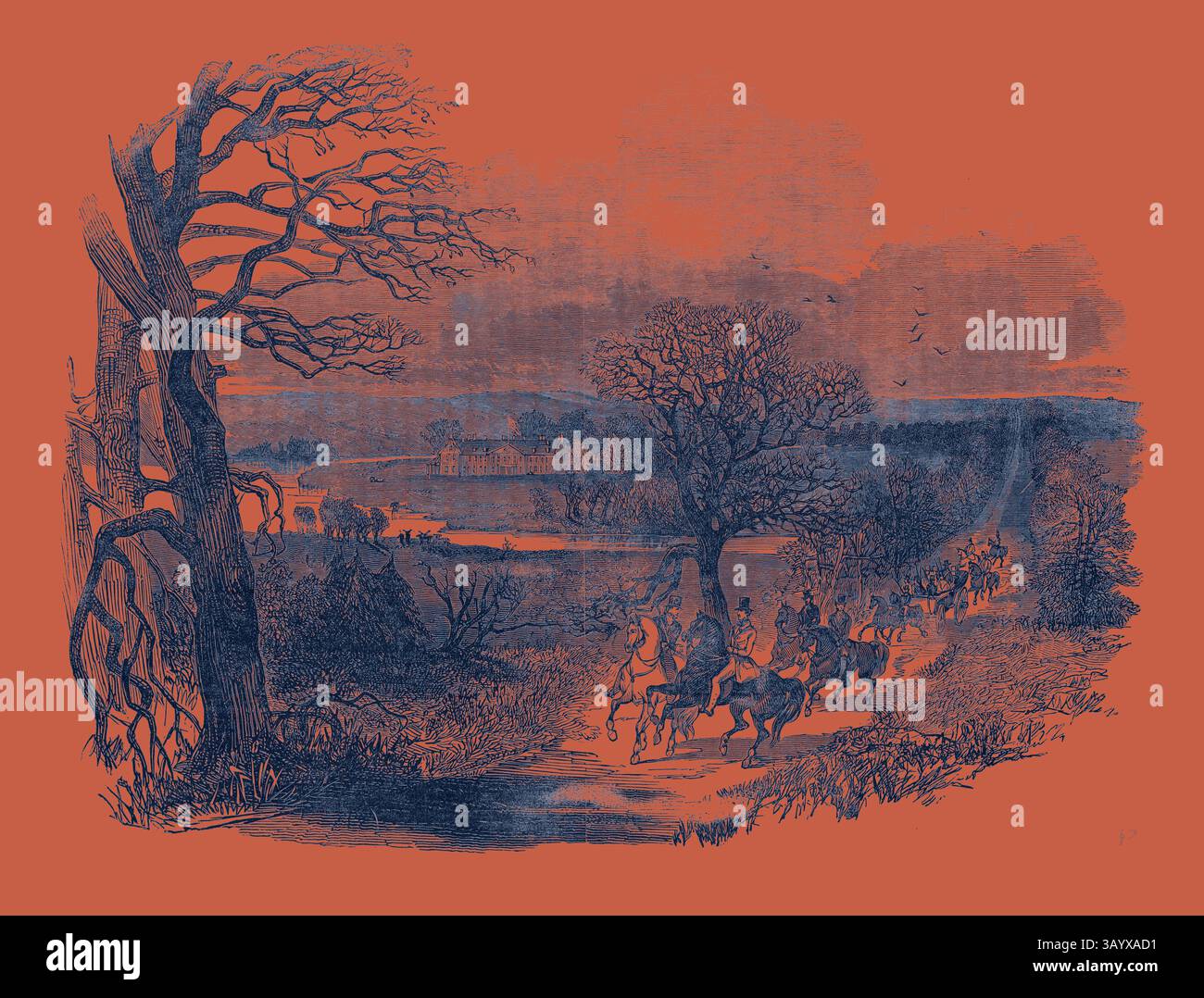 Un gruppo di cavalieri cavalca lungo un sentiero tortuoso attraverso un paesaggio punteggiato di alberi ed edifici lontani, evocando un senso di avventura ed esplorazione. Strathfieldsaye, la sede di sua Grazia il Duca di Wellington Arte classica con un tocco moderno reinventata da Artotop Foto Stock