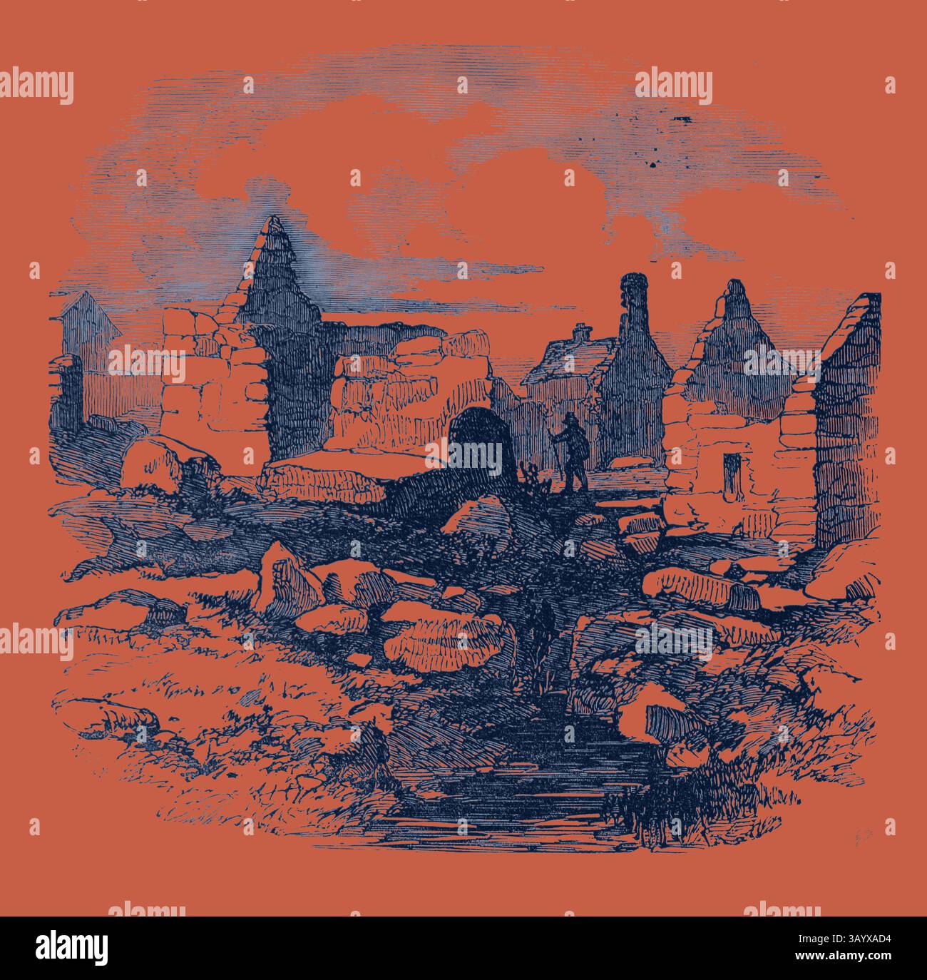 Un paesaggio desolato con i resti di strutture in pietra sbriciolate, avvolti in un cielo spettacolare, mentre due figure navigano su un terreno accidentato punteggiato di massi. Rovine nel villaggio di Carihaken, nella contea di Galway arte classica con un tocco moderno reinventata da Artotop Foto Stock