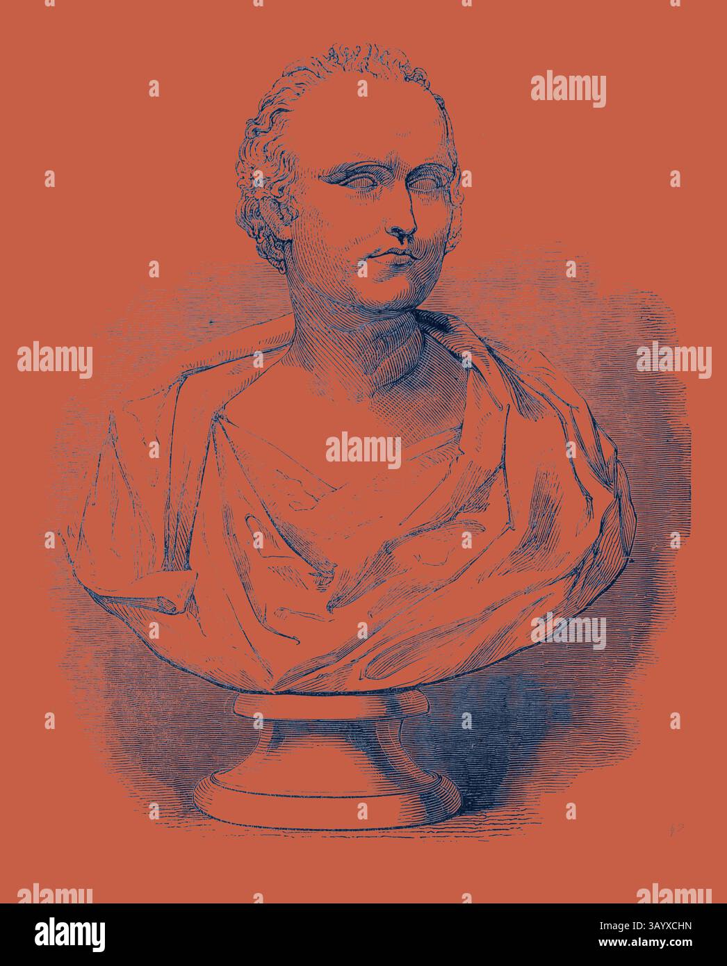 Una dettagliata scultura del busto di un uomo, con capelli ondulati e un'espressione serena, drappeggiata con un indumento classico. Il pezzo è impreziosito da uno sfondo a contrasto che ne mette in risalto le caratteristiche complesse e la maestria artigianale. Busto di Mr. Macaulay arte classica con un tocco moderno reinventato da Artotop Foto Stock