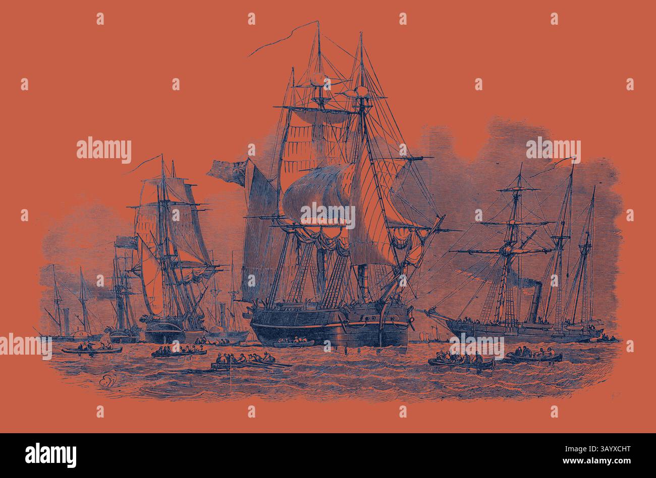 Una vivace scena portuale con più navi a vela, con barche più piccole che navigano nelle acque vicine, creando un senso di attività marittima e avventura. Le imbarcazioni presentano intricati allestimenti e vele, illustrando la maestria artigianale del design nautico. La spedizione del capitano Austin, inviata alla ricerca dell'arte classica di Sir John Franklin con un tocco moderno reinventato da Artotop Foto Stock