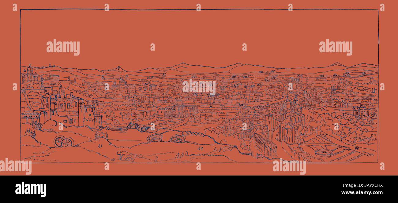 Un'illustrazione vibrante e stilizzata mostra un vasto paesaggio urbano, completo di colline ondulate e montagne lontane, catturando i dettagli intricati delle strutture architettoniche e dei paesaggi lussureggianti. Il contrasto dello sfondo audace enfatizza le linee delicate e la profondità della scena. Grande vista dell'arte classica di Roma con un tocco moderno reinventato da Artotop Foto Stock