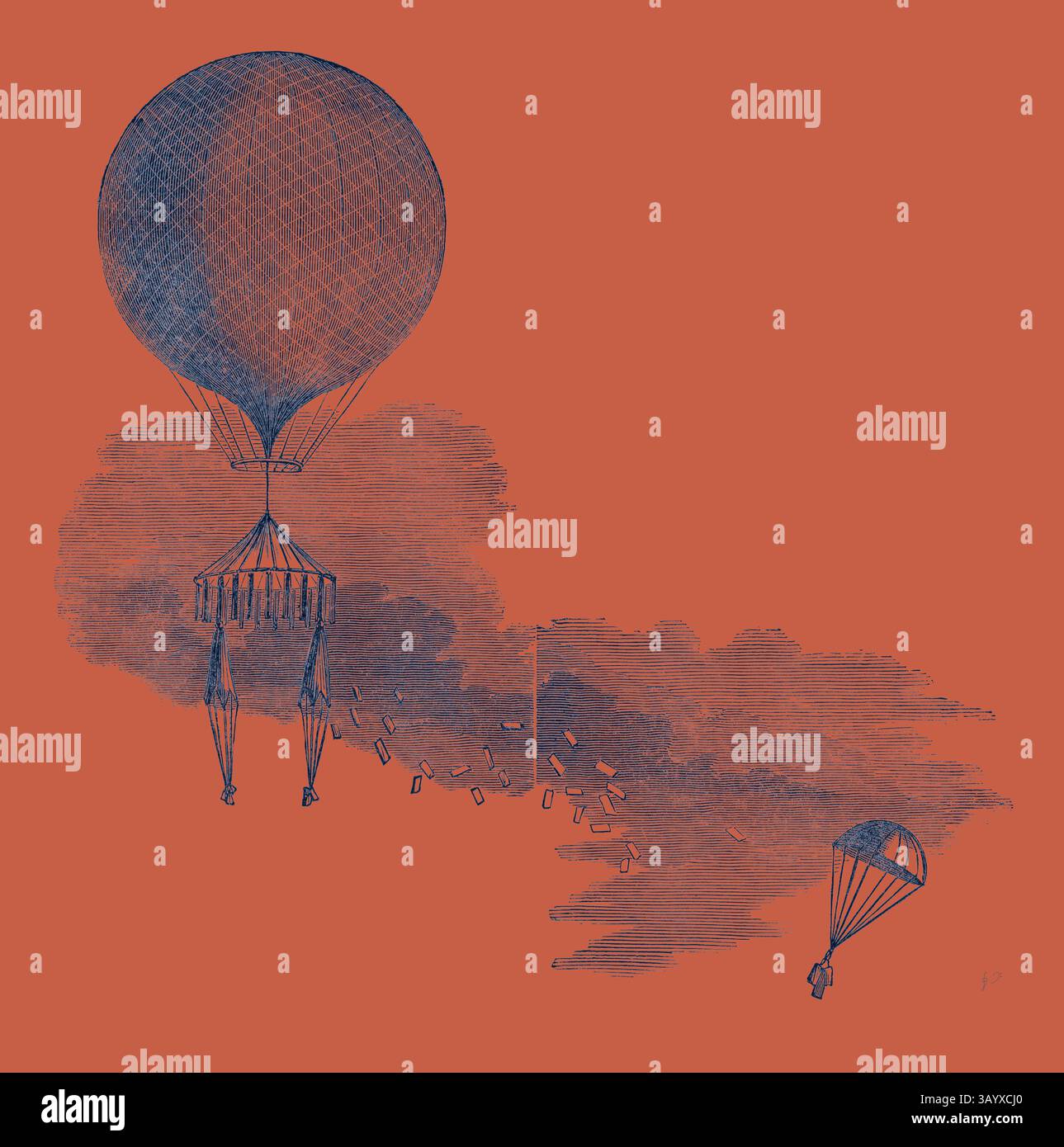 Due mongolfiere salgono su un vibrante sfondo arancione, una mongolfiera che rilascia una cascata di piccoli oggetti rettangolari, mentre l'altra galleggia dolcemente nelle vicinanze, evocando un senso di avventura e fantasia. Signal Balloon, Dispatch e Parachute di Mr. Green, per la Arctic Expedition Classic art con un tocco moderno reinventato da Artotop Foto Stock