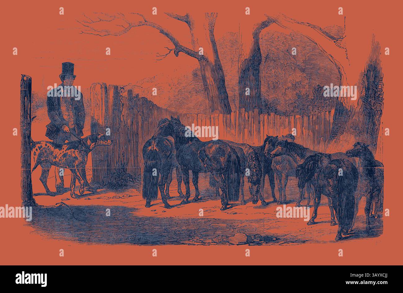 Un uomo con un cappello si trova accanto a una recinzione di legno, accompagnato da un grande cane e da diversi altri cani riuniti intorno a lui. La scena è ambientata su uno sfondo di alberi e una recinzione rustica. Shetland Ponies acquistato per la Pacha of Egypt Classic art con un tocco moderno reinventato da Artotop Foto Stock