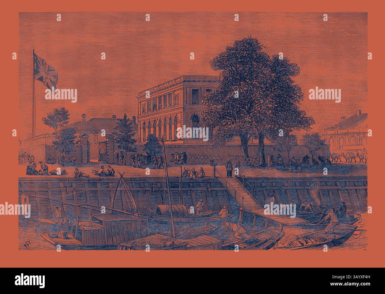 Una vivace scena lungo il fiume presenta un grande edificio con una bandiera che sventola, circondato da persone impegnate in varie attività. Le barche costeggiano il lungomare, mentre un albero offre ombra a coloro che si trovano nelle vicinanze, creando un'atmosfera vivace. Cina: Il Consolato britannico dal fiume Peiho 1873 arte classica con un tocco moderno reinventata da Artotop Foto Stock
