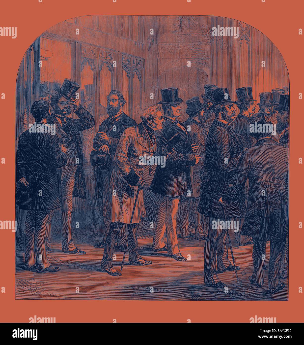 Un raduno di uomini elegantemente vestiti, molti con cappelli di alto livello e abbigliamento formale, impegnati in una conversazione all'interno di un ambiente storico, che mette in mostra un'atmosfera di sofisticazione e interazione sociale. A Division in the House of Commons: Members passing the tellers 1873 Classic art con un tocco moderno reinventato da Artotop Foto Stock