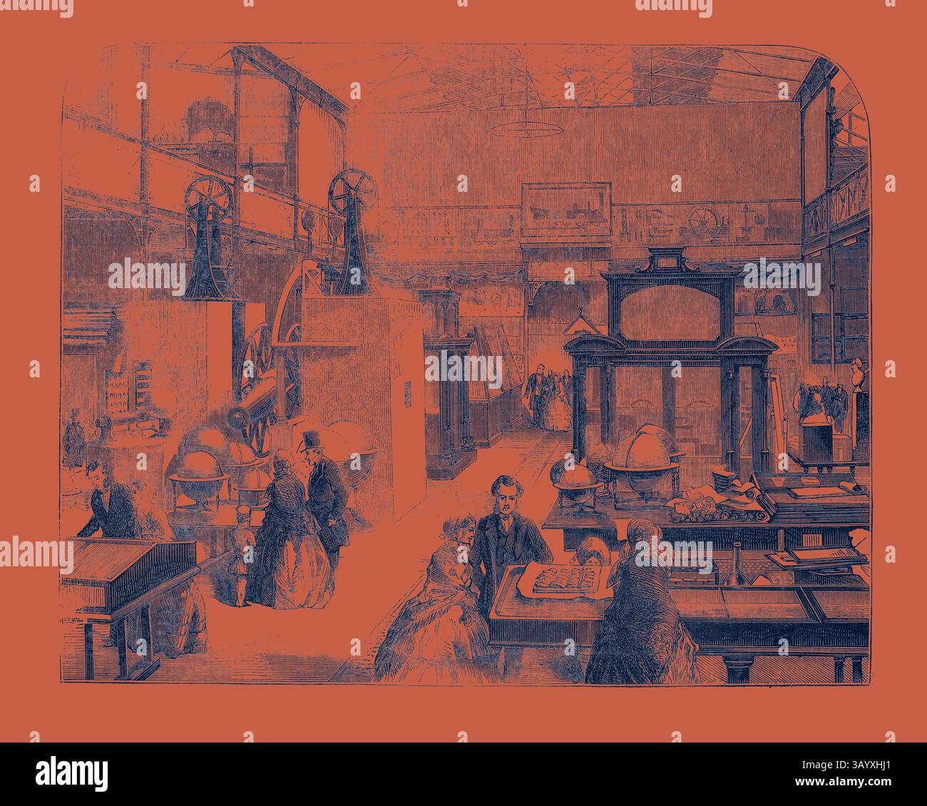 Una scena interna di una vivace sala espositiva, con una varietà di esposizioni e mostre. Le persone interagiscono con vari strumenti scientifici e manufatti, mentre i grandi macchinari e globi sono in primo piano sullo sfondo. L'atmosfera riflette un senso di curiosità ed esplorazione. The Educational Collections nel South Kensington Museum arte classica con un tocco moderno reinventata da Artotop Foto Stock