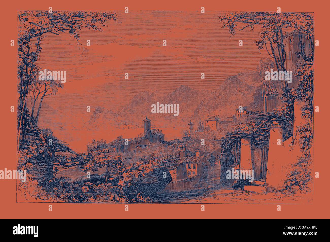 Un paesaggio sereno presenta un villaggio lontano circondato da montagne, con intricati dettagli di alberi e strutture che si fondono armoniosamente nella scena, evocando un senso di tranquillità e nostalgia. Bellagio da Menaggio Lago di Como. Arte classica con un tocco moderno reinventata da Artotop Foto Stock