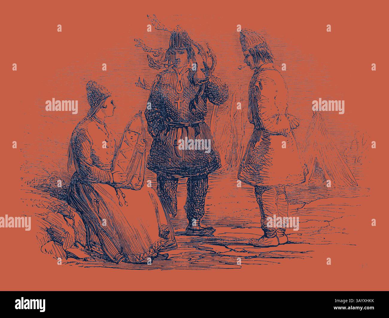 Un gruppo di tre persone in abbigliamento tradizionale si impegna a conversare, con una persona che tiene un oggetto ornato. L'ambiente sembra essere all'aperto, suggerendo un contesto culturale o storico. Laptop arte classica con un tocco moderno reinventata da Artotop Foto Stock