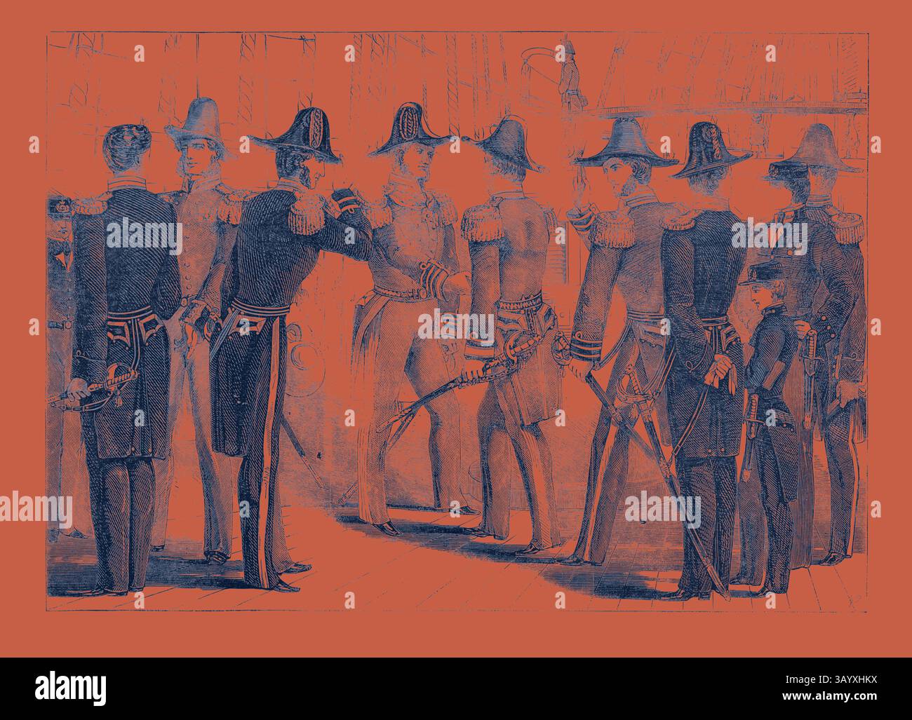 Un gruppo di ufficiali militari elegantemente vestiti si impegnano in una discussione seria, adornati da elaborate uniformi e cappelli distintivi, trasudando un'aria di autorità e di cameratismo in uno sfondo storico. Uniforme navale arte classica con un tocco moderno reinventata da Artotop Foto Stock