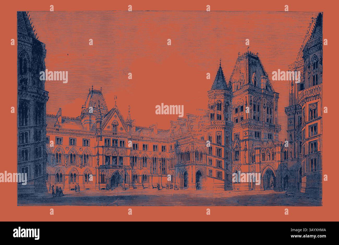 Una dettagliata illustrazione architettonica mostra una grande piazza storica circondata da edifici ornati, ognuno caratterizzato da disegni intricati e torri distinte. La scena è vivace, con piccole figure che vagano per la piazza, aggiungendo un senso di scala e attività alle maestose strutture. The New Government Offices: Third Prize Design for the Foreign Department (George Gilbert Scott F.S.A. Architect): Premium £300 Classic art con un tocco moderno reinventato da Artotop Foto Stock