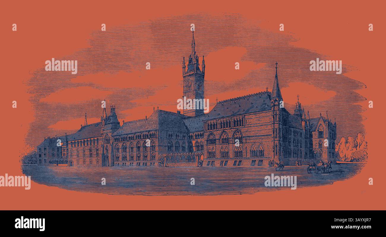 Un'intricata illustrazione architettonica dettagliata di un grande edificio storico, caratterizzato da più guglie, finestre ornate e una grande torre centrale, circondata da un tranquillo paesaggio. Settimo Premio Design per il Dipartimento degli Esteri (Mr. G.E. Street F.S.A. Architect): Premio £ 100. Arte classica con un tocco moderno reinventata da Artotop Foto Stock