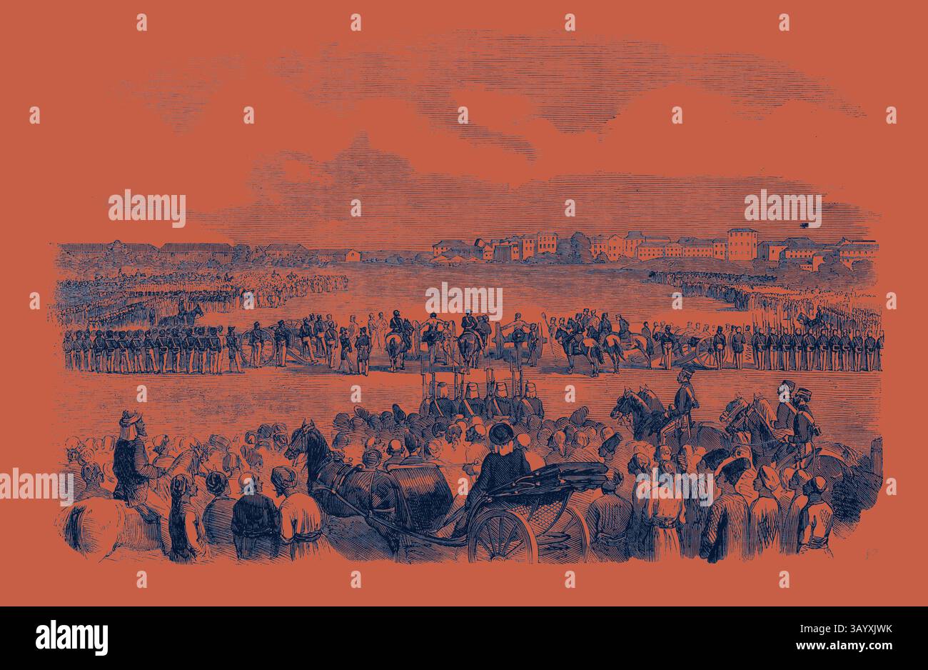 Una grande folla si riunisce per assistere a un evento storico, con soldati, dignitari a cavallo e una vista estesa di una vivace città sullo sfondo, che evoca un senso di attesa e significato. Esecuzione a Bombay di un mutevole Havildar e Sepoy con un tocco moderno reinventato da Artotop Foto Stock