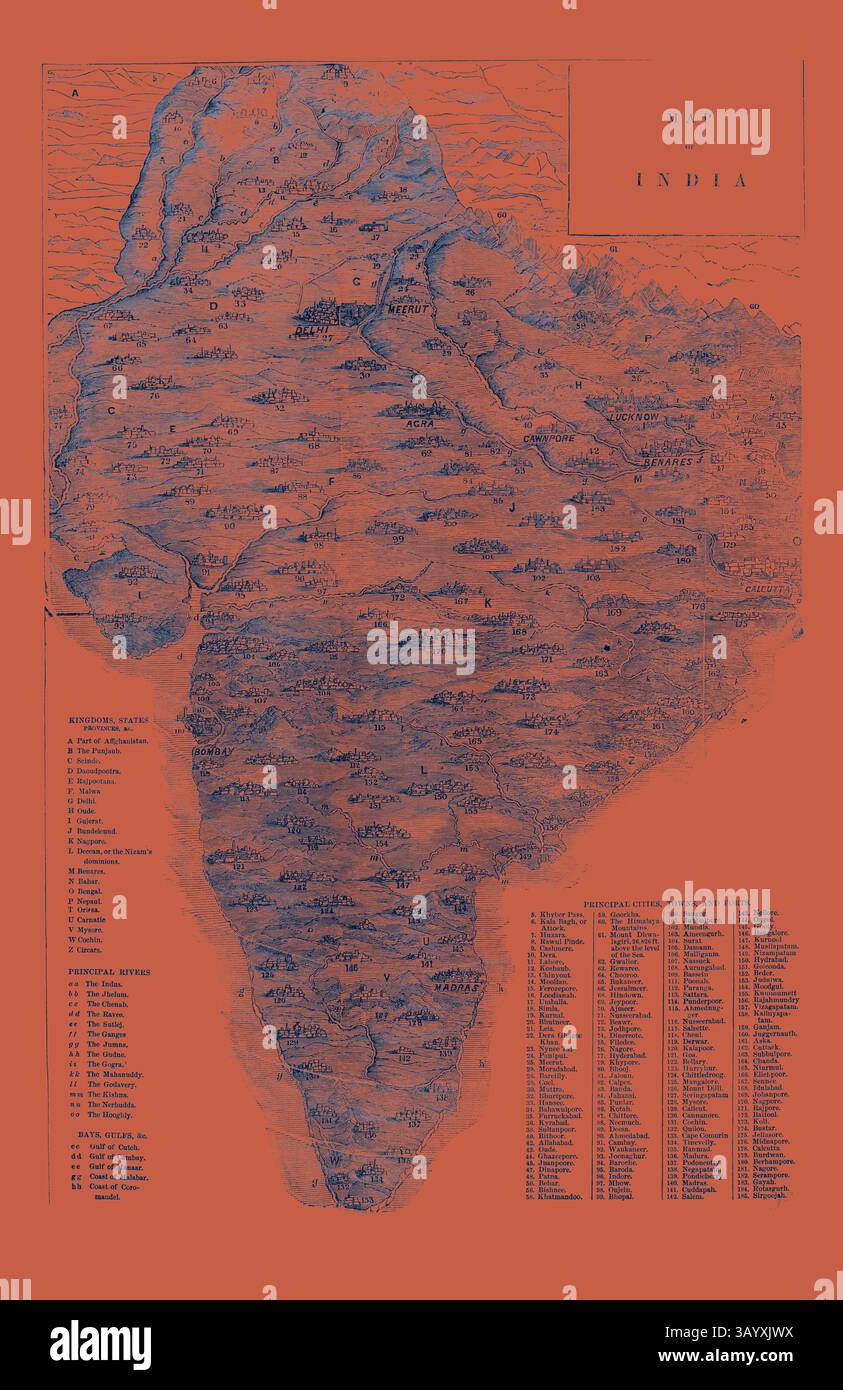 Una mappa dettagliata dell'India che mostra le caratteristiche geografiche e i luoghi significativi, presentata in un'impressionante tavolozza di colori arancione e blu. La mappa include un elenco di toponimi e aree degne di nota, evidenziando la ricca diversità del paese. Mappa dell'India Arte classica con un tocco moderno reinventata da Artotop Foto Stock