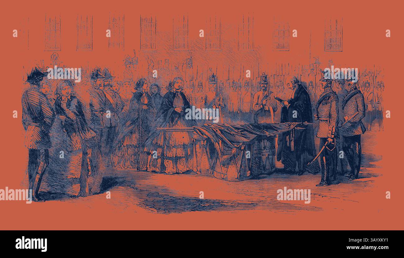 Un solenne raduno di individui in abbigliamento formale circonda uno scrigno drappeggiato, con gli spettatori che mostrano espressioni di dolore e rispetto. Le guardie in uniforme sono in formazione, mentre la scena trasmette un profondo senso di lutto e riverenza. Presentazione dei colori al 14° reggimento da parte della contessa di Eglinton arte classica con un tocco moderno reinventato da Artotop Foto Stock