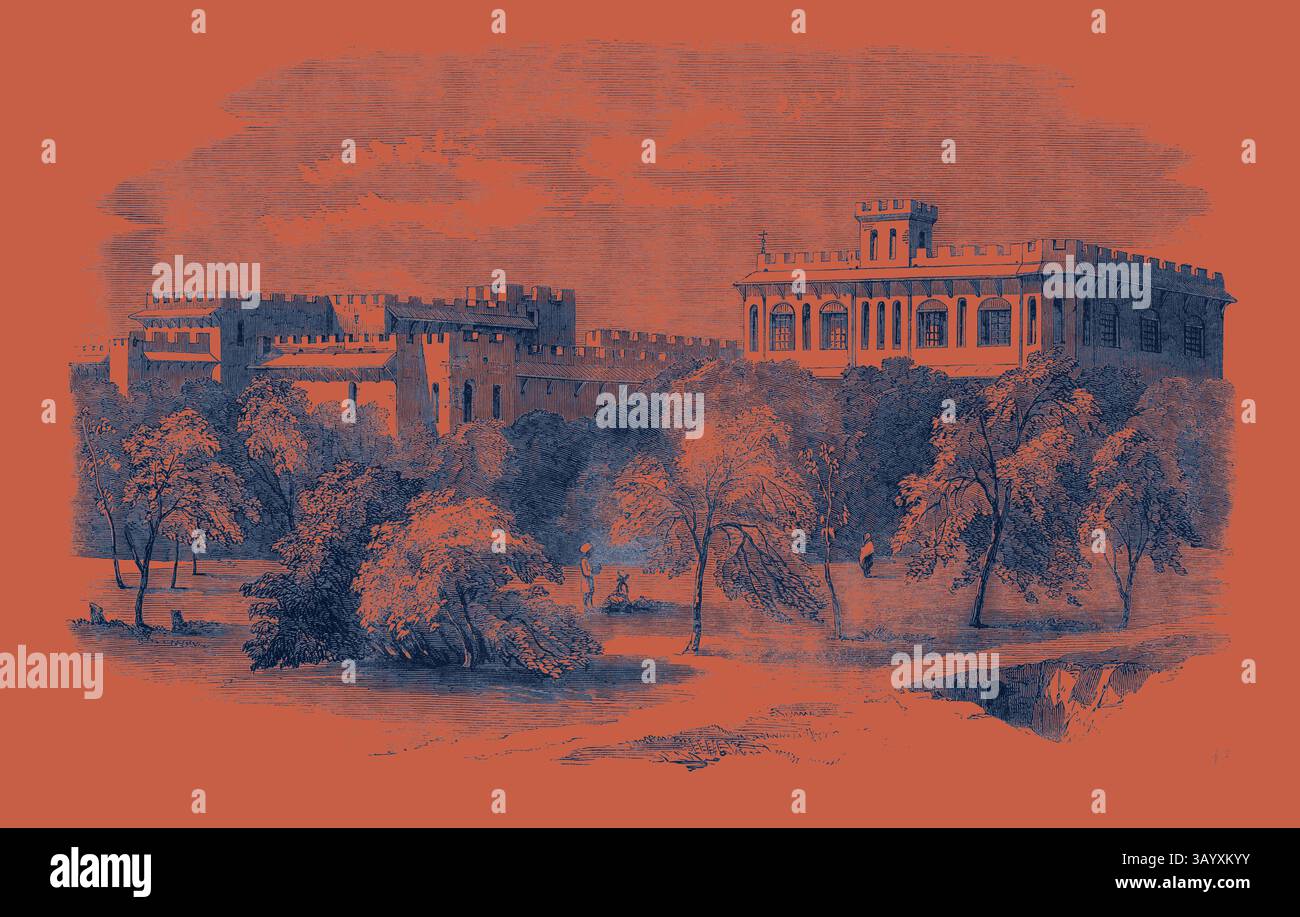 Un'illustrazione dettagliata di un grande castello circondato da alberi lussureggianti, che mostra una miscela di eleganza architettonica e bellezza naturale, con persone che passeggiano piacevolmente attraverso il paesaggio panoramico. Jacobabad Scinde arte classica con un tocco moderno reinventata da Artotop Foto Stock