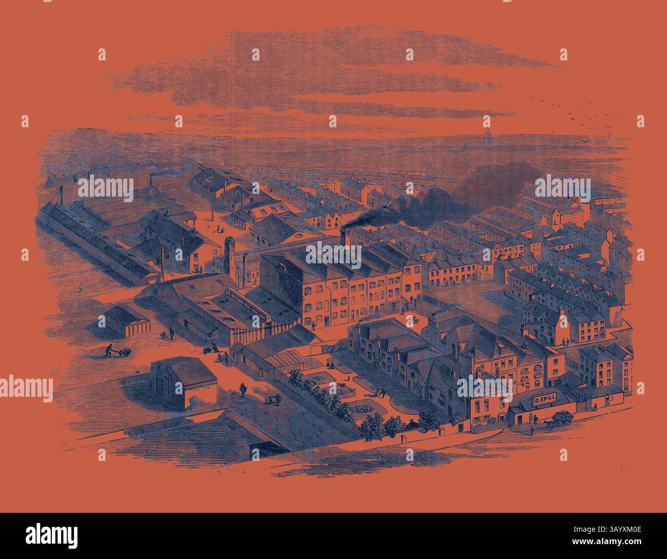 Una vista aerea di una vivace città industriale del XIX secolo, che mostra un mix di magazzini, edifici residenziali e fumo che sale dai camini, adagiato su uno sfondo contrastante. Stepney, fabbrica di impermeabilizzazione di Spill. Arte classica con un tocco moderno reinventata da Artotop Foto Stock