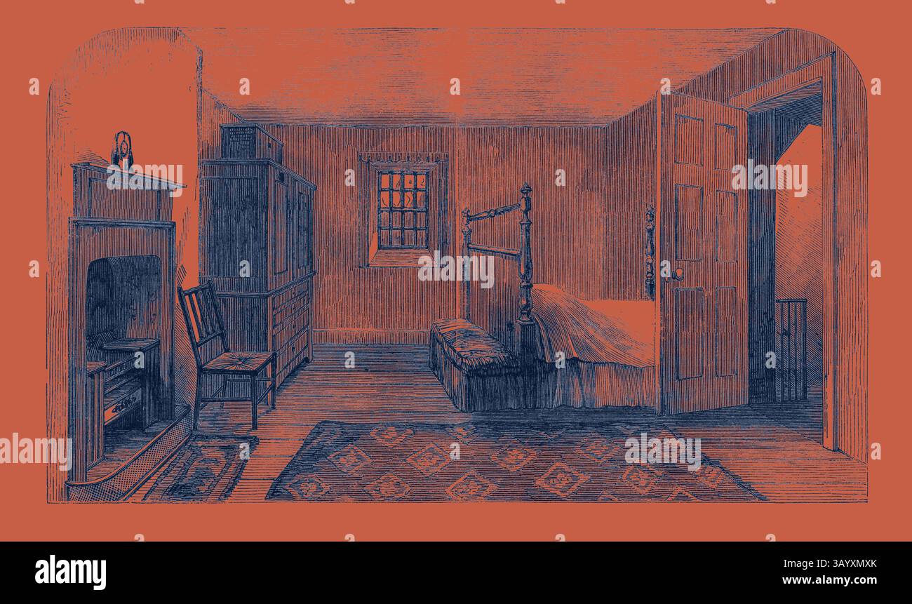 Gli interni accoglienti e vintage presentano un letto ben fatto contro una parete di legno, una finestra con filtraggio della luce e un caminetto decorato con un decor semplice. Una sedia invitante e un guardaroba completano l'atmosfera calda e vissuta. Il centenario di Burns la stanza in cui Burns morì a Dumfries arte classica con un tocco moderno reinventato da Artotop Foto Stock