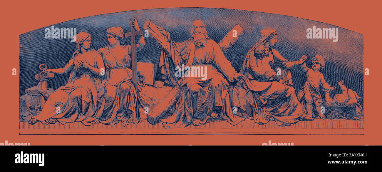 Una dettagliata raffigurazione artistica con quattro figure sedute, ognuna decorata con abiti scorrevoli, impegnata in varie pose che suggeriscono temi di forza, protezione e nutrimento. Affiancare queste figure centrali sono simboli di fede e sacrificio, mentre un bambino sta accanto a una delle donne, aggiungendo un senso di innocenza e connessione familiare al tableau generale. BAS-Relief all'interno della Masonic Hall Edinburgh Classic art con un tocco moderno reinventato da Artotop Foto Stock