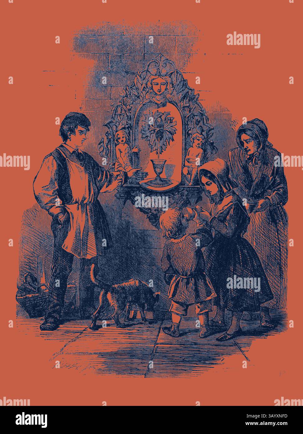 Una famiglia si riunisce in un ambiente accogliente, con due bambini che interagiscono vicino a uno specchio decorativo. Gli adulti si trovano nelle vicinanze, vestiti con abiti d'epoca, mentre un gatto si siede curiosamente ai loro piedi. La camera presenta decorazioni ornamentali, tra cui fiori e statuette, che creano un'atmosfera calda e nostalgica. Fontana del bere da erigere all'Islington Classic art con un tocco moderno reinventato da Artotop Foto Stock