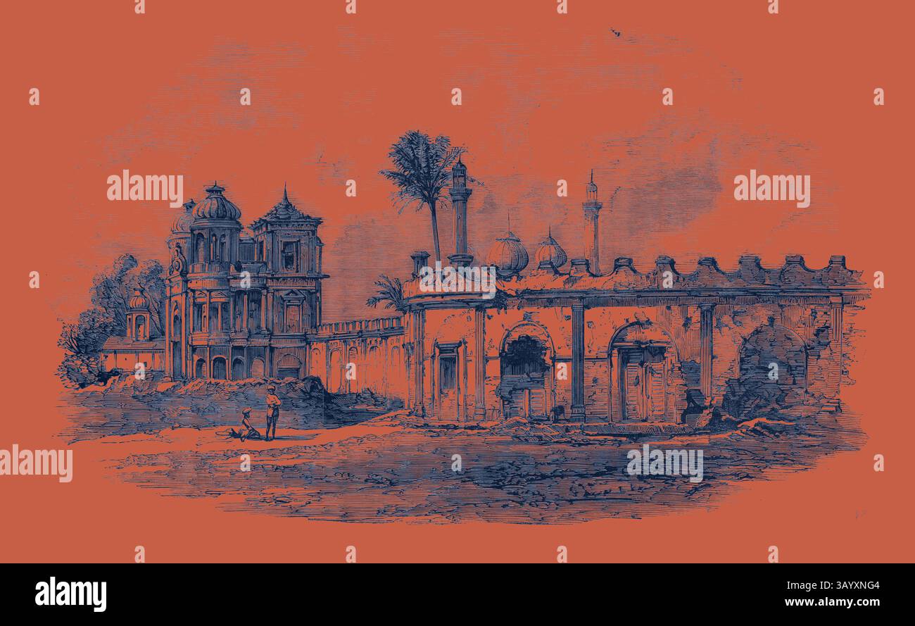 Un intricato paesaggio architettonico caratterizzato da una miscela di strutture fatiscenti e dettagli ornati, incorniciati da palme, che evocano un senso di storia e nostalgia. Secundra Bagh Lucknow Classic art con un tocco moderno reinventato da Artotop Foto Stock