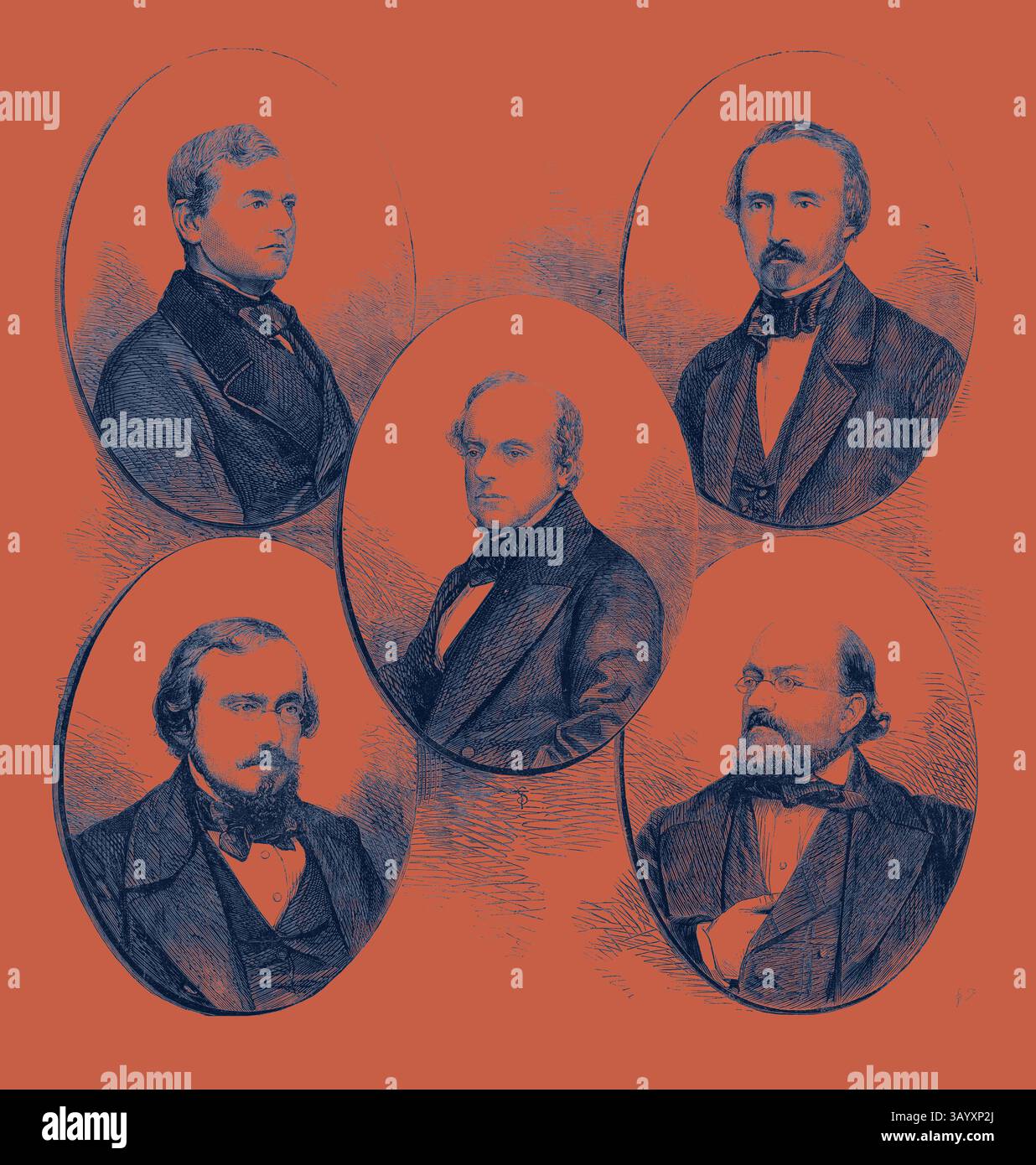 Una collezione di cinque ritratti dettagliati di uomini illustri, che mostrano il loro abbigliamento e le loro espressioni uniche, disposti in una formazione ovale sovrapposta su uno sfondo contrastante. Il Duca Castromediano Caballeno Silvio Spaventa Barone Carlo Poerio Cesere Braico Avvocata Pica Neapolitan esiliati da fotografie di Mayall Arte classica con un tocco moderno reinventato da Artotop Foto Stock