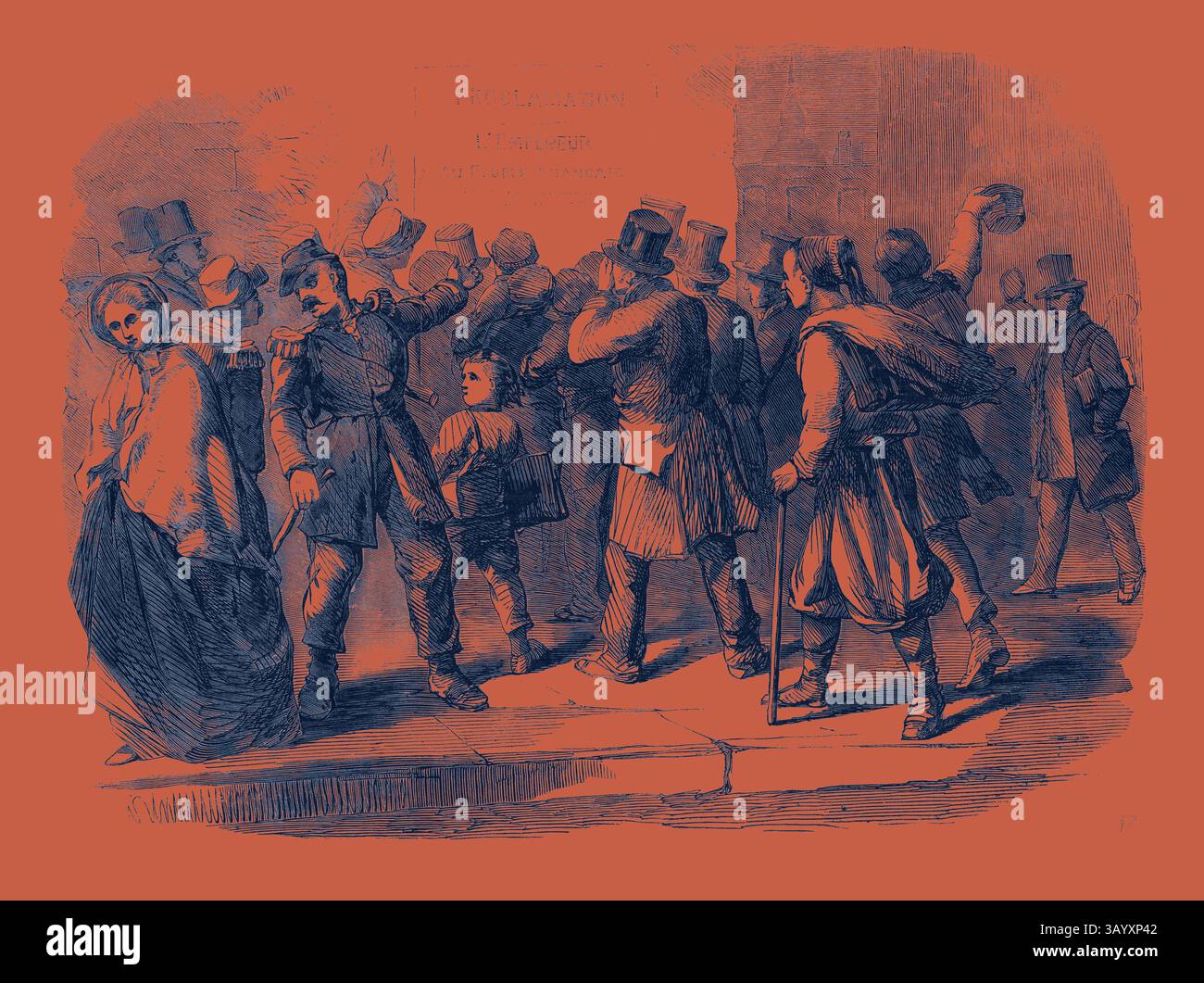 Una scena movimentata che cattura un gruppo di individui elegantemente vestiti, tra cui uomini con cappelli alti e donne con abiti lunghi, impegnati in conversazioni e movimenti in strada. In mezzo alla folla, una figura alza una mano, forse in eccitazione o per fare un punto, mentre altri osservano intorno a loro. L'atmosfera suggerisce un momento di interesse pubblico o annuncio. La guerra in Italia leggendo il proclama dell'imperatore Napoleone una scena di strada a Parigi arte classica con un tocco moderno reinventata da Artotop Foto Stock