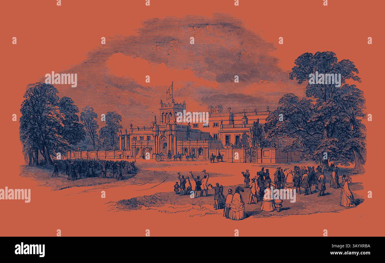 Un edificio ornamentale circondato da alberi lussureggianti e un raduno di persone, che cattura una vivace scena di impegno sociale e grandiosità. L'architettura presenta dettagli intricati, tra cui torri e una bandiera, sullo sfondo della natura. Shrubland Park, vicino a Ipswich, The Seat of Sir W.F. Middleton, Bart., arrivo del Principe Alberto, incontro della British Association a Ipswich arte classica con un tocco moderno reinventato da Artotop Foto Stock