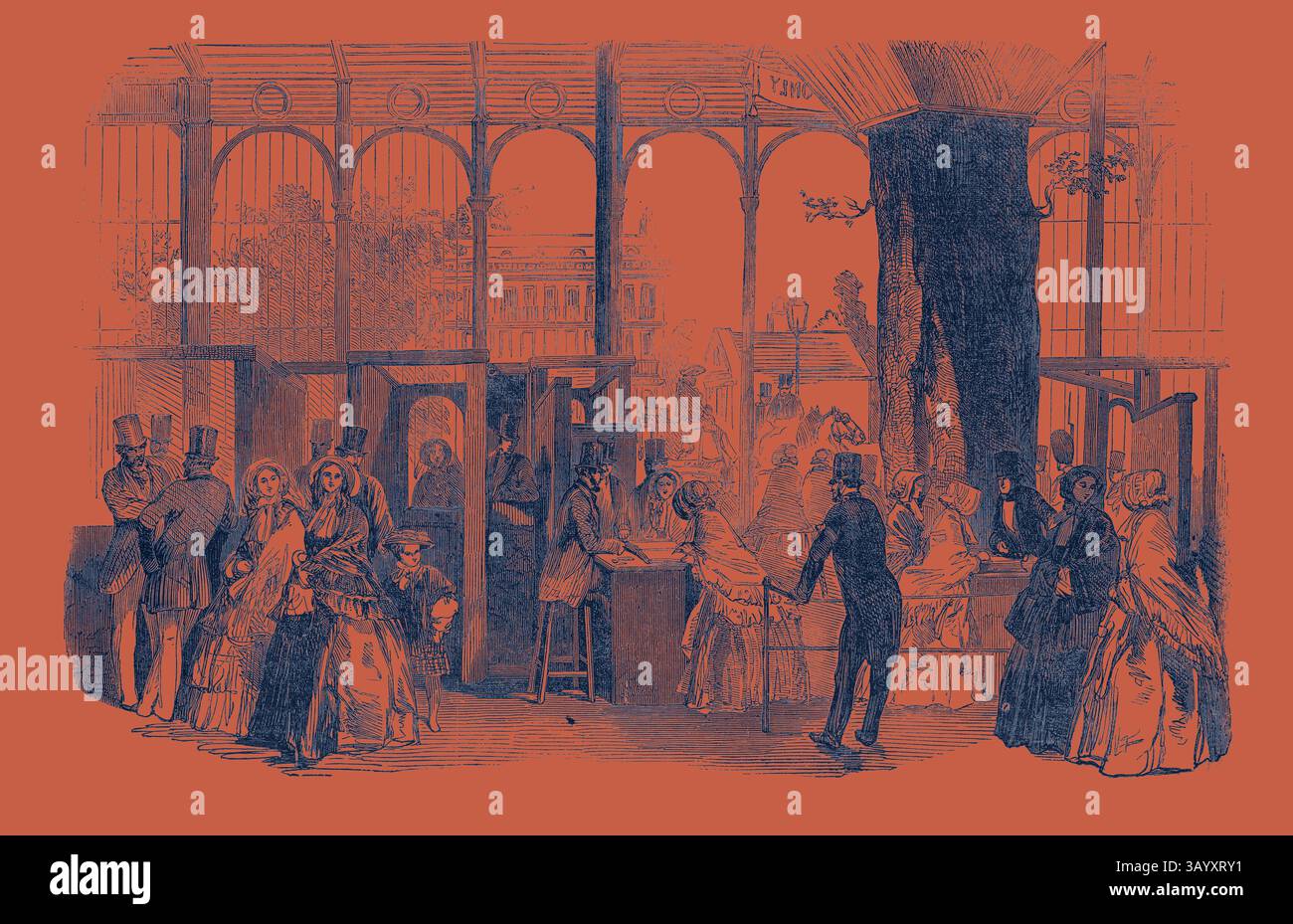 Una vivace sala espositiva piena di visitatori elegantemente vestiti. Le persone si impegnano nella conversazione, ammirano le opere d'arte esposte ed esplorano vari stand, creando un'atmosfera di curiosità e scambio culturale. L'architettura presenta alti archi e grandi finestre che incorniciano le attività all'interno. The Five Shilling Day at the Exhibition, The Great Exhibition Classic art con un tocco moderno reinventato da Artotop Foto Stock