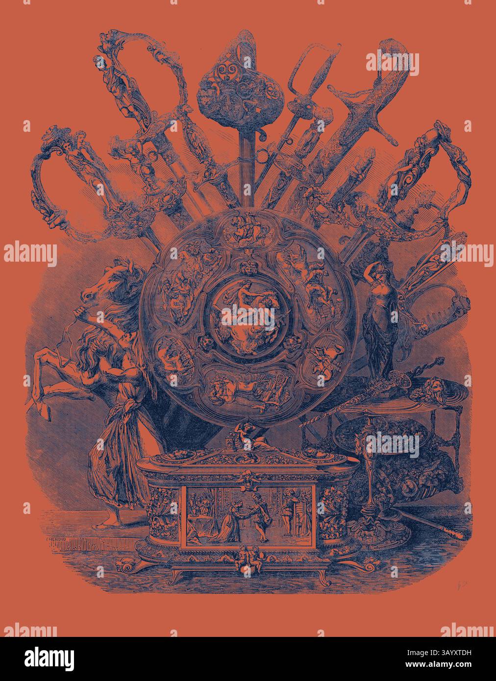 Un'elaborata esposizione di armi ornamentali e oggetti decorativi, con uno scudo centrale adornato da disegni e figure intricati. Accanto allo scudo ci sono vari strumenti e manufatti, che suggeriscono una storia intrisa di storia e artigianato. Gruppo di bracci, &C. Arte classica con un tocco moderno reinventata da Artotop Foto Stock