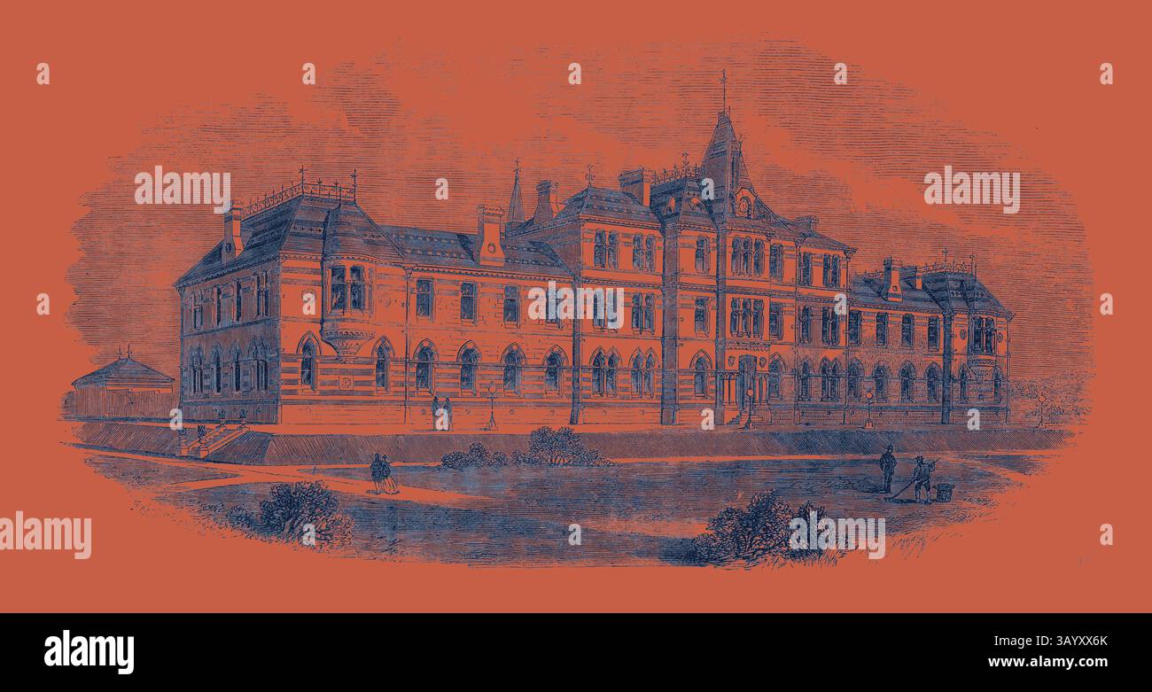 Un elaborato edificio in stile vittoriano presenta dettagli architettonici ornati, tra cui archi a punta, frontoni decorativi e una torre prominente. Circondati da giardini ben tenuti, gli individui passeggiano piacevolmente, aggiungendo un senso di vita alla scena storica. Il Glasgow Institution for the Deaf and Dumb UK 1869 Classic art con un tocco moderno reinventato da Artotop Foto Stock