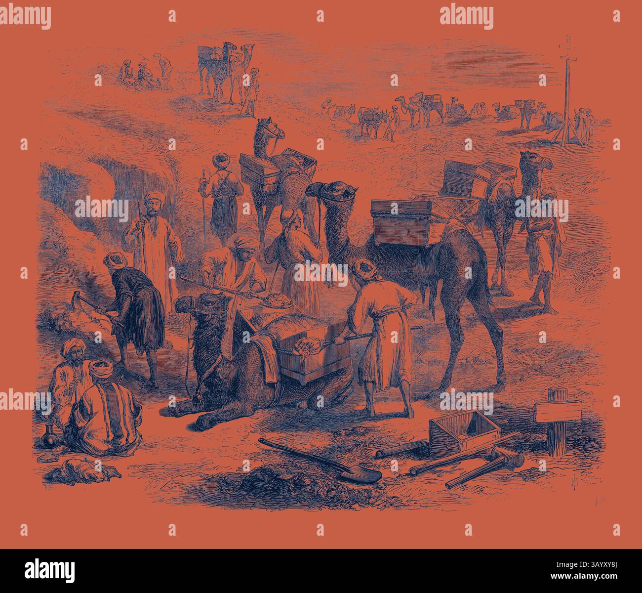Una vivace scena raffigurante una carovana di cammelli carichi di merci, circondata da commercianti e lavoratori in un vivace mercato. L'atmosfera trasmette un senso di commercio e collaborazione in un paesaggio aspro. The Isthmus of Suez Maritime Canal: Workmen Loading Dromedaries 1869 arte classica con un tocco moderno reinventata da Artotop Foto Stock