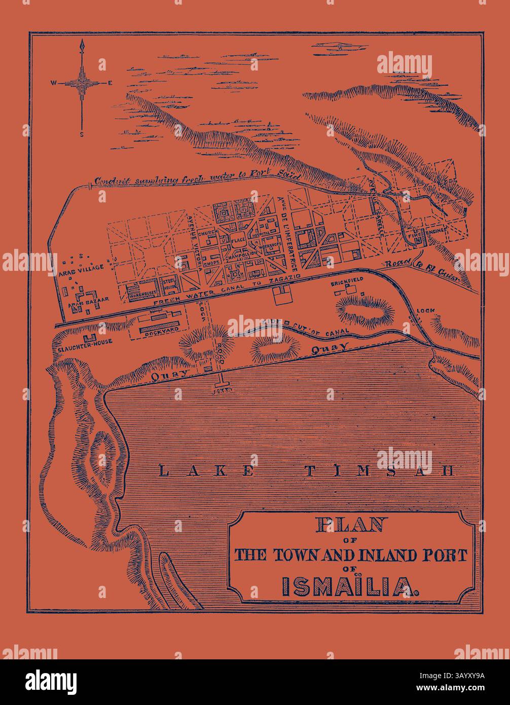 Una mappa dettagliata raffigurante la disposizione della città e del porto interno di Ismāīlia, evidenziando caratteristiche chiave come strade, monumenti e la vicinanza al lago Timsah. Pianta della città e del porto interno di Ismaai Lia 1869 Arte classica con un tocco moderno reinventata da Artotop Foto Stock