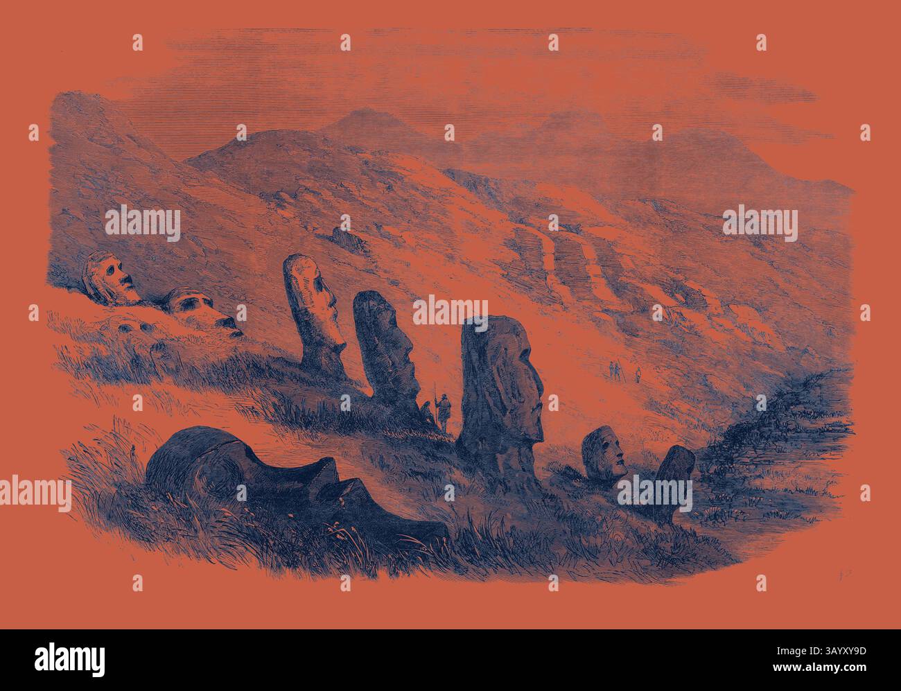 Antiche sculture in pietra si stagliano silenziosamente su una collina, con i loro volti enigmatici che guardano in lontananza, circondate da un paesaggio che suggerisce una ricca storia e mistero. Gruppo di immagini all'interno del cratere dell'Isola di Pasqua 1869 Arte classica con un tocco moderno reinventata da Artotop Foto Stock