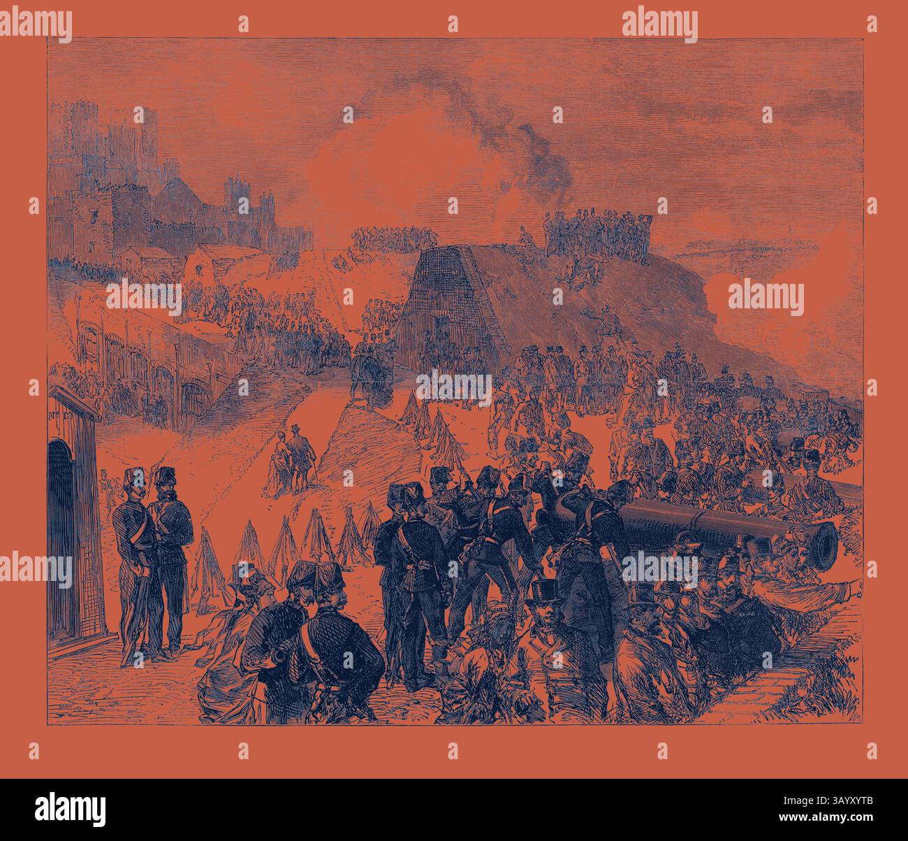 Una scena storica che raffigura un accampamento militare e una preparazione alla battaglia, con soldati in uniforme, artiglieria e una fortificazione sullo sfondo, evocando un senso di tensione e attesa. The Volunteer Review at dover: Defence of the Castle Batteries UK 1869 arte classica con un tocco moderno reinventata da Artotop Foto Stock