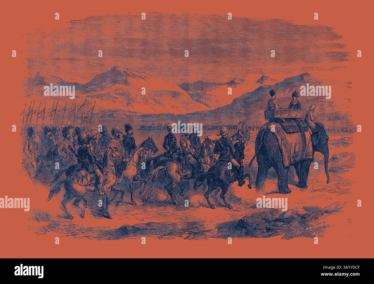 Una processione di cavalieri a cavallo si avvicina a un elefante con due figure, adagiato su un paesaggio montagnoso. La scena trasmette un senso di avventura ed esplorazione. L'Ameer di Cabool in viaggio per Peshawur 1869 arte classica con un tocco moderno reinventato da Artotop Foto Stock