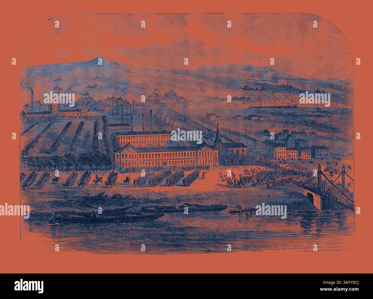 Un vivace paesaggio industriale caratterizzato da fabbriche, colline ondulate sullo sfondo e un fiume con barche, che illustra la vibrante attività di una fiorente comunità. Conflitto tra operai e soldati al Seraing Ironworks Belgium 1869 arte classica con un tocco moderno reinventata da Artotop Foto Stock