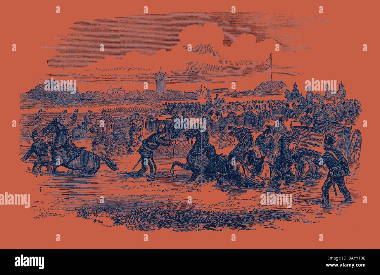 Una scena caotica che raffigura una carica storica di cavalleria, con soldati a cavallo e carrozze in mezzo a una folla di persone. L'atmosfera suggerisce tensione, mentre gli spettatori assistono all'azione che si svolge in un vasto paesaggio. Incidente al Portsmouth Review UK 1869 arte classica con un tocco moderno reinventata da Artotop Foto Stock