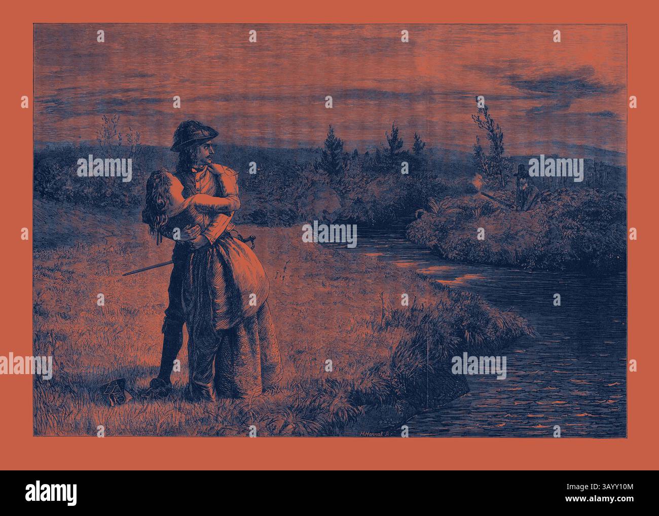 Un romantico abbraccio tra un soldato e una donna si snoda lungo un fiume tranquillo, con alberi e figure lontane che si aggiungono al tranquillo paesaggio. Fiera Helen di Kirkconnel, nella mostra della Royal Academy 1869 arte classica con un tocco moderno reinventata da Artotop Foto Stock